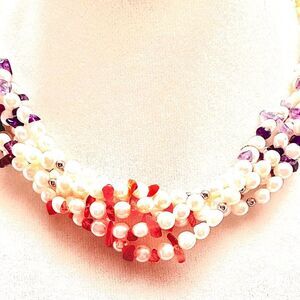 5 Strand Fresh Water Pearl with Semiprecious Rainbow Stones 16 inch Necklace